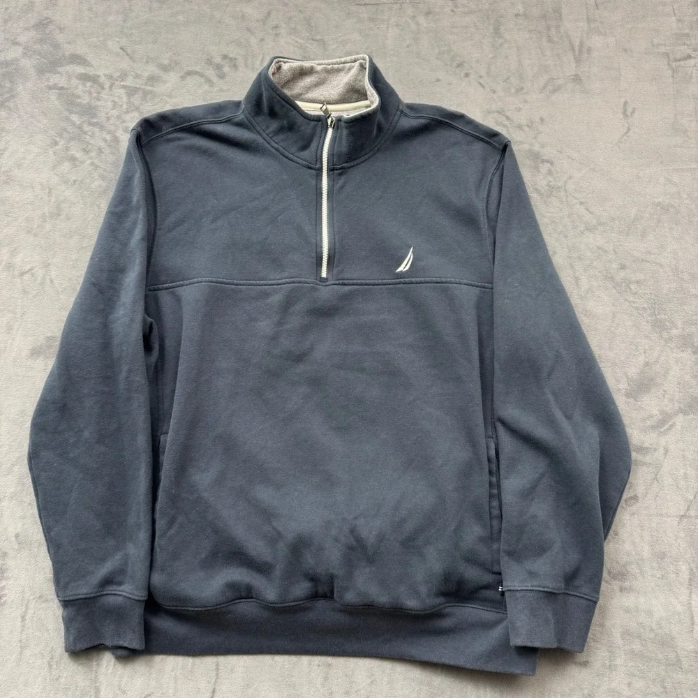 Nautica Mens XL Navy Blue Quarter Zip Pullover Sweatshirt J-Class Logo Pocket